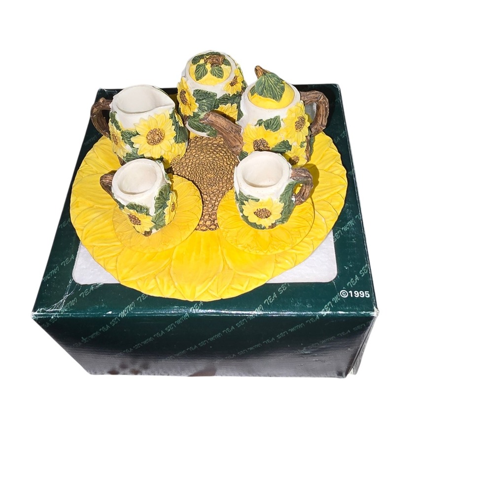 Vintage 1996 Popular Imports Miniature Sunflower Tea Set 9 Piece Resin Decor